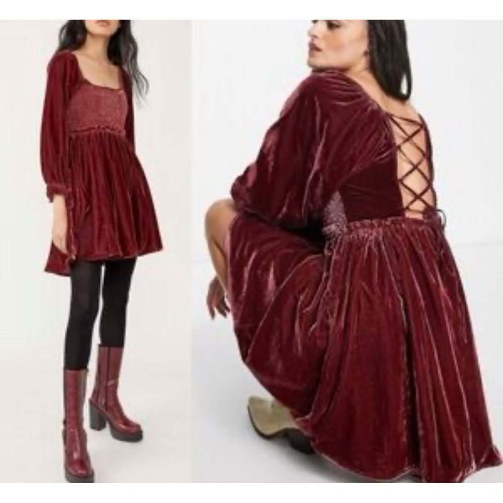 NWT FREE PEOPLE Daphne Velvet Sleeve Dress In Burgundy